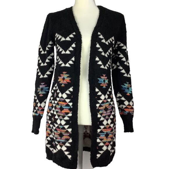 No Boundaries Sweaters - Long Aztec Western Open Front Cardigan Sweater Girls Jr M Women XS S Black Knit